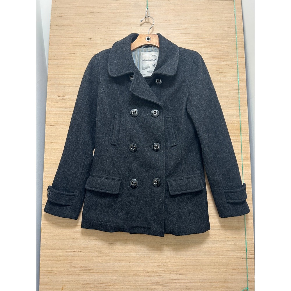 Aeropostale Womens Wool Blend Double Breasted Pea Coat Charcoal Grey Size M
